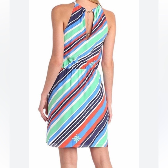 LILLY PULITZER KENNET OVERBOARD STRIPE BRAIDED CHAIN HALTER DRESS 100% SILK - Picture 3 of 14